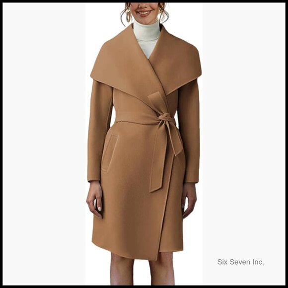Jackets & Blazers - Polyester Pea Trench Coat Lapel Collar Long Jacket Belted Overcoat